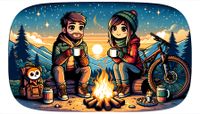 DALL&middot;E 2024-03-12 17.12.21 - An ultrawide, comic-style illustration, even cuter this time, depicting a couple in their 30s, seated opposite each other by a campfire in the mountai