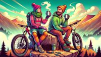 DALL&middot;E 2024-03-12 17.16.27 - An ultra-wide panoramic scene featuring a mountain biker couple, both male and female, in a cozy, comic style. The male character is clean-shaven. The - Kopie